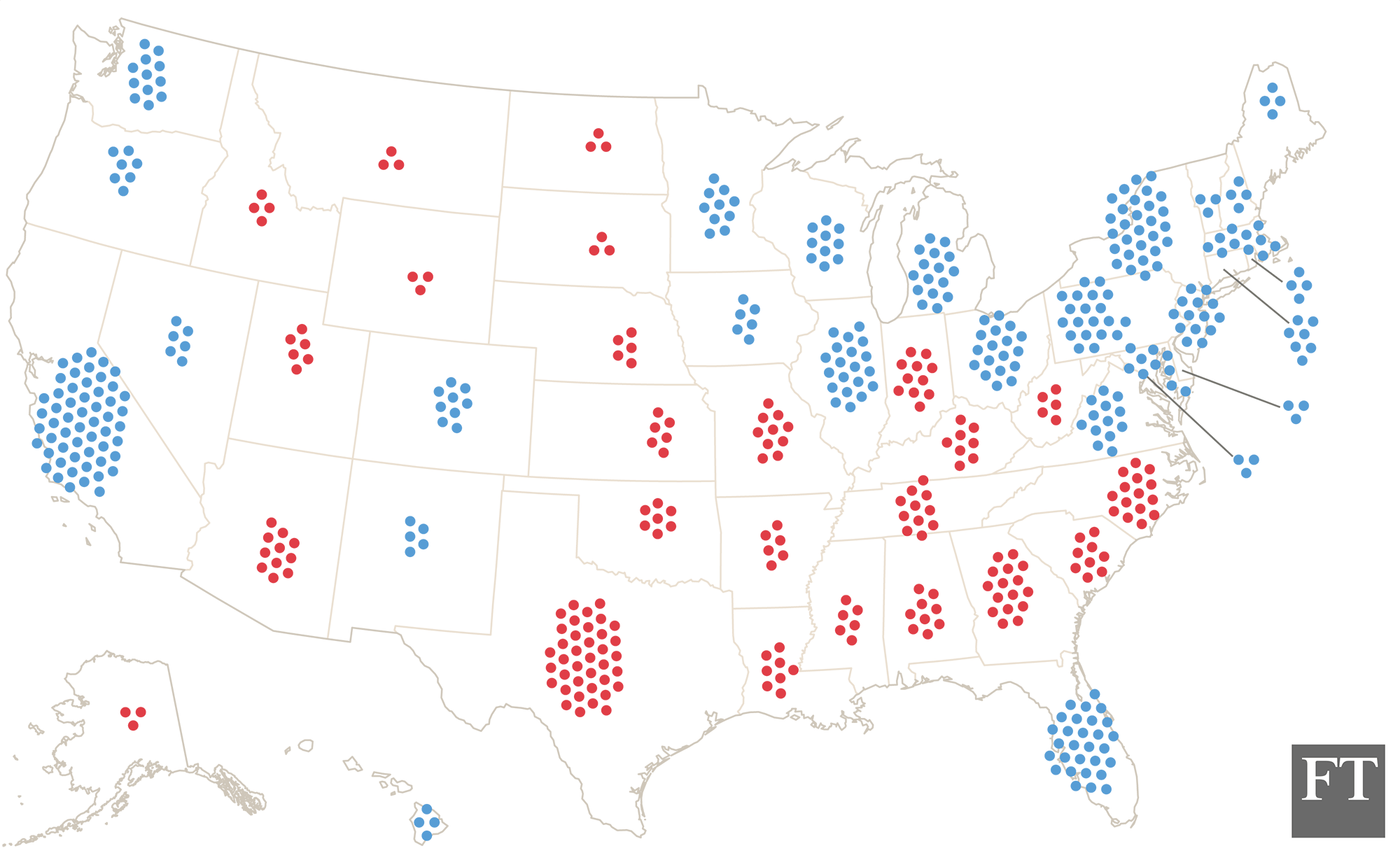 a map of the us with clusters of dots representing electoral college votes per state